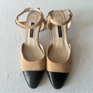 Zara Women's Tan and Black Heels with Buckle Two-Toned Shoes Workwear